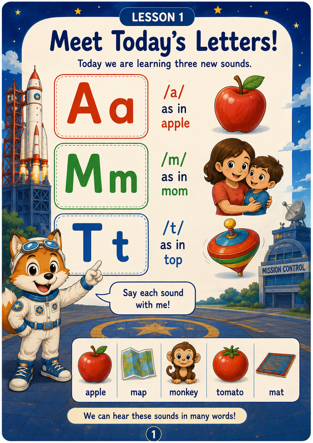 Cosmo Phonics Lesson 1 page: Meet Today's Letters with A, M and T letter cards, picture prompts and Cosmo the astronaut fox